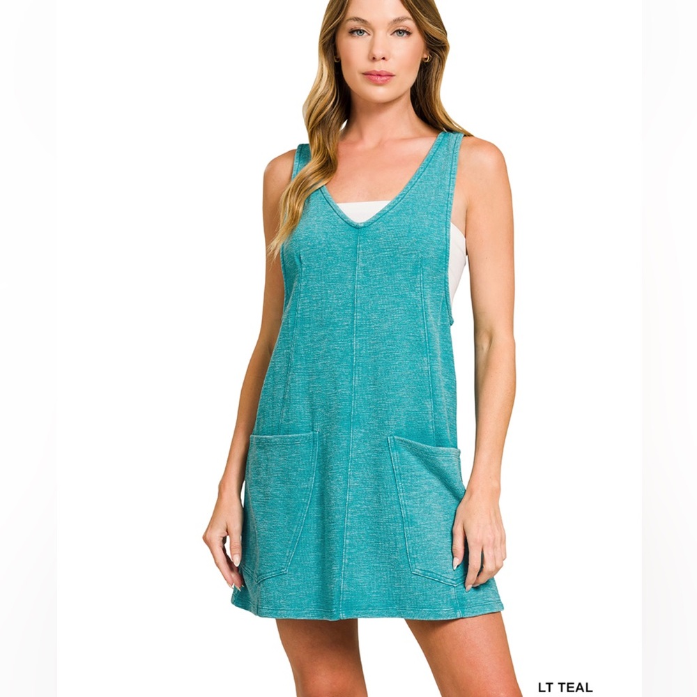 NEW Zenana Washed Slub Overall Mini Dress Teal S M L